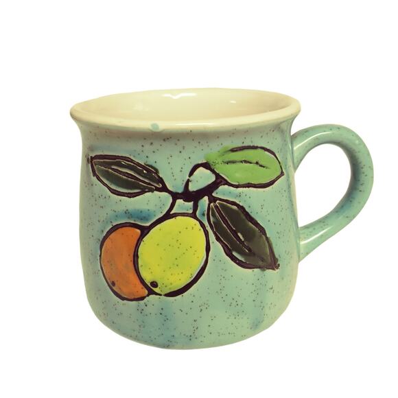🍊 🍋Vintage Fruit Mug ☕ Hand Painted Ceramic Stoneware Rustic Cup🍐🍋🟩 - Picture 1 of 9